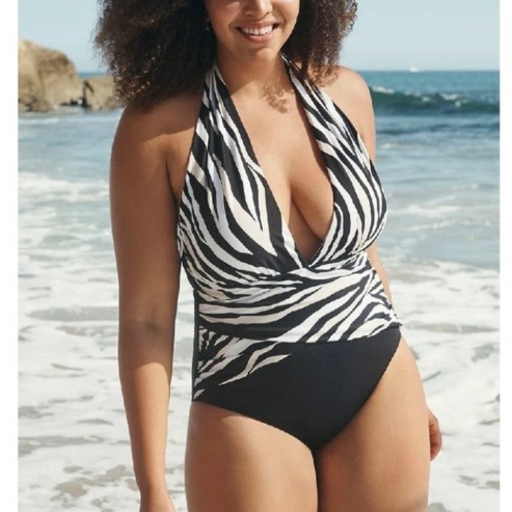 NWT $144 LA BLANCA ZEBRA PLUNGE WRAP ONE PIECE